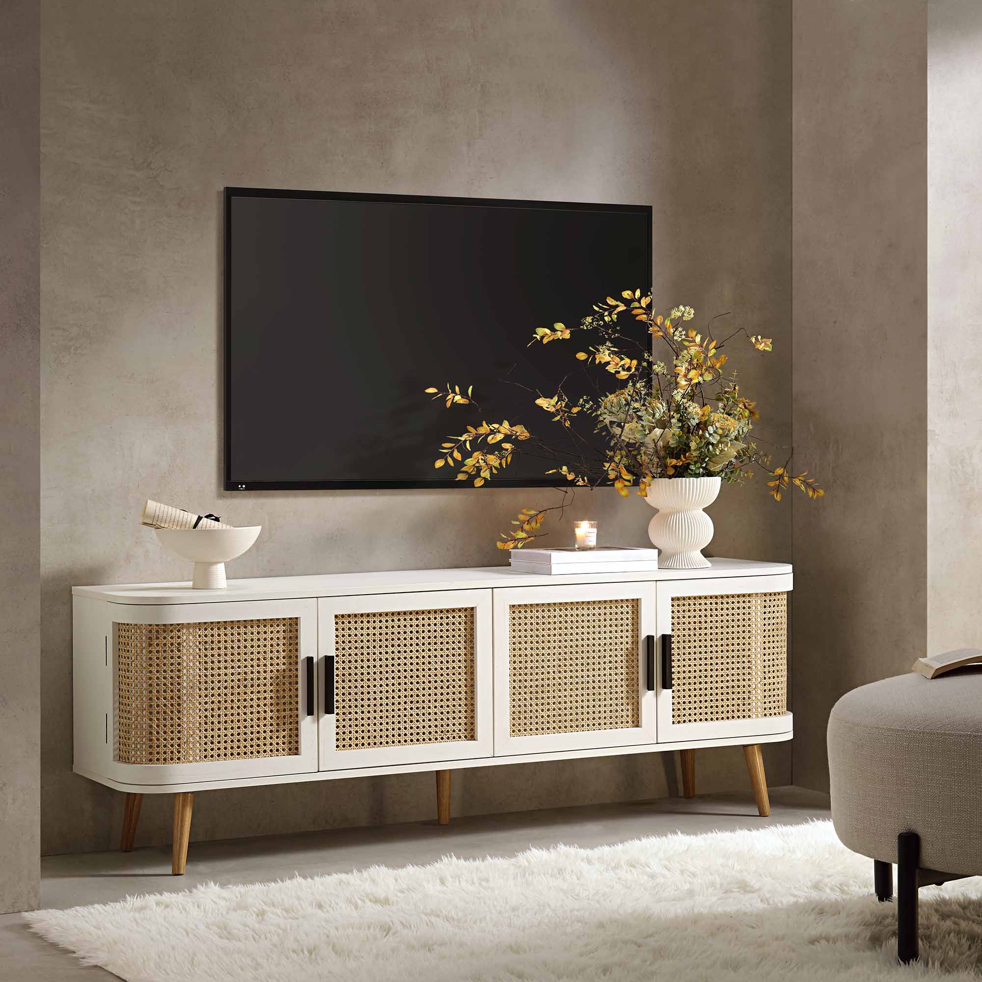 Izzy Curved Rattan 160cm Wide TV Unit, White