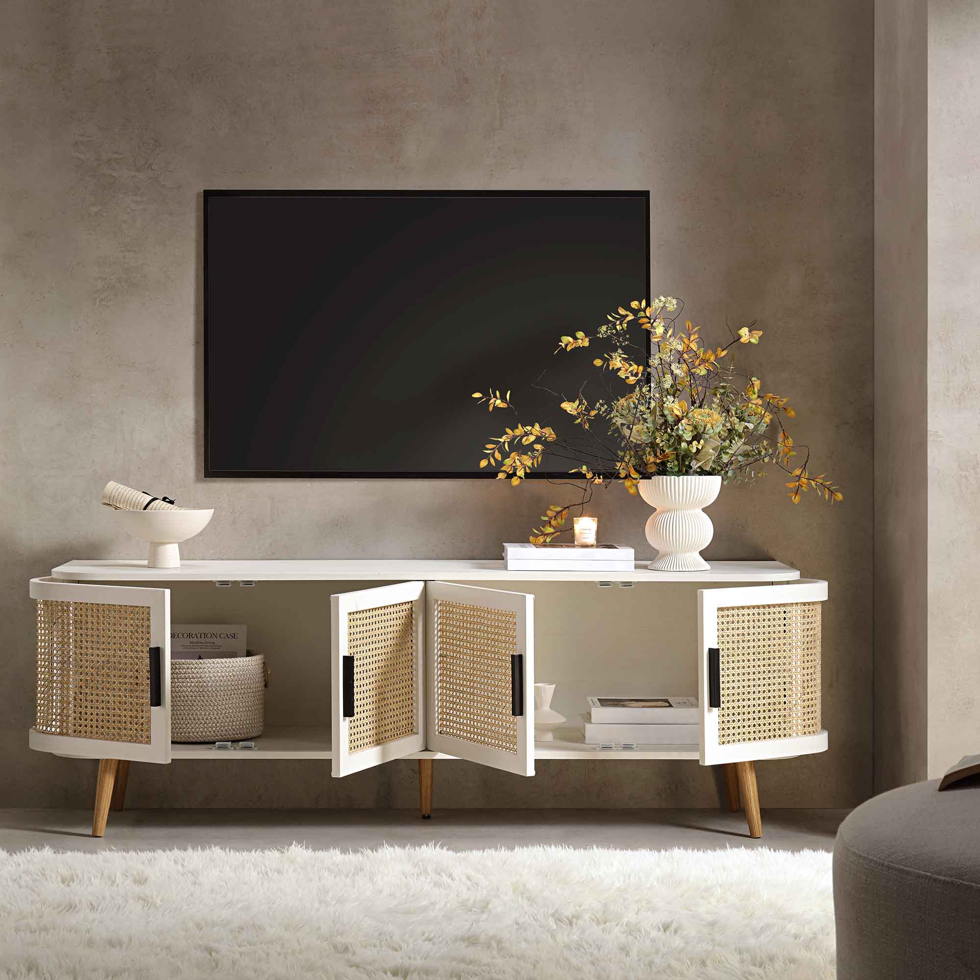 Izzy Curved Rattan 160cm Wide TV Unit, White