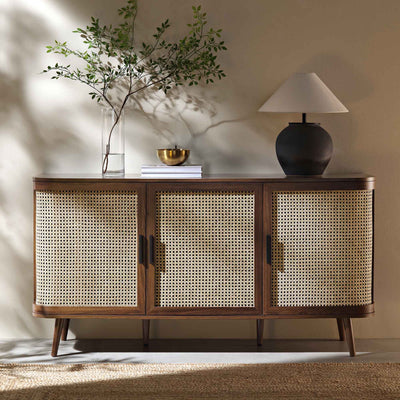 Izzy Curved Rattan Large 3-Door Sideboard, Walnut