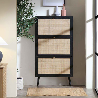 Frances Rattan 3 Tier Shoe Storage Cabinet, Black