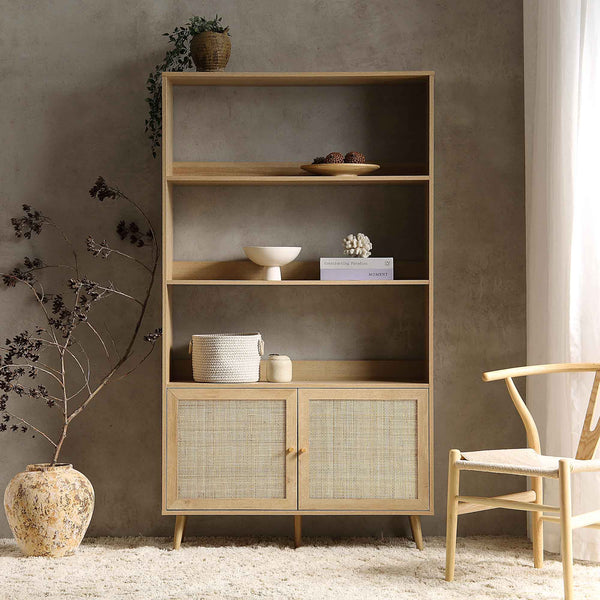 Frances Woven Rattan Tall Bookcase with Doors, Natural