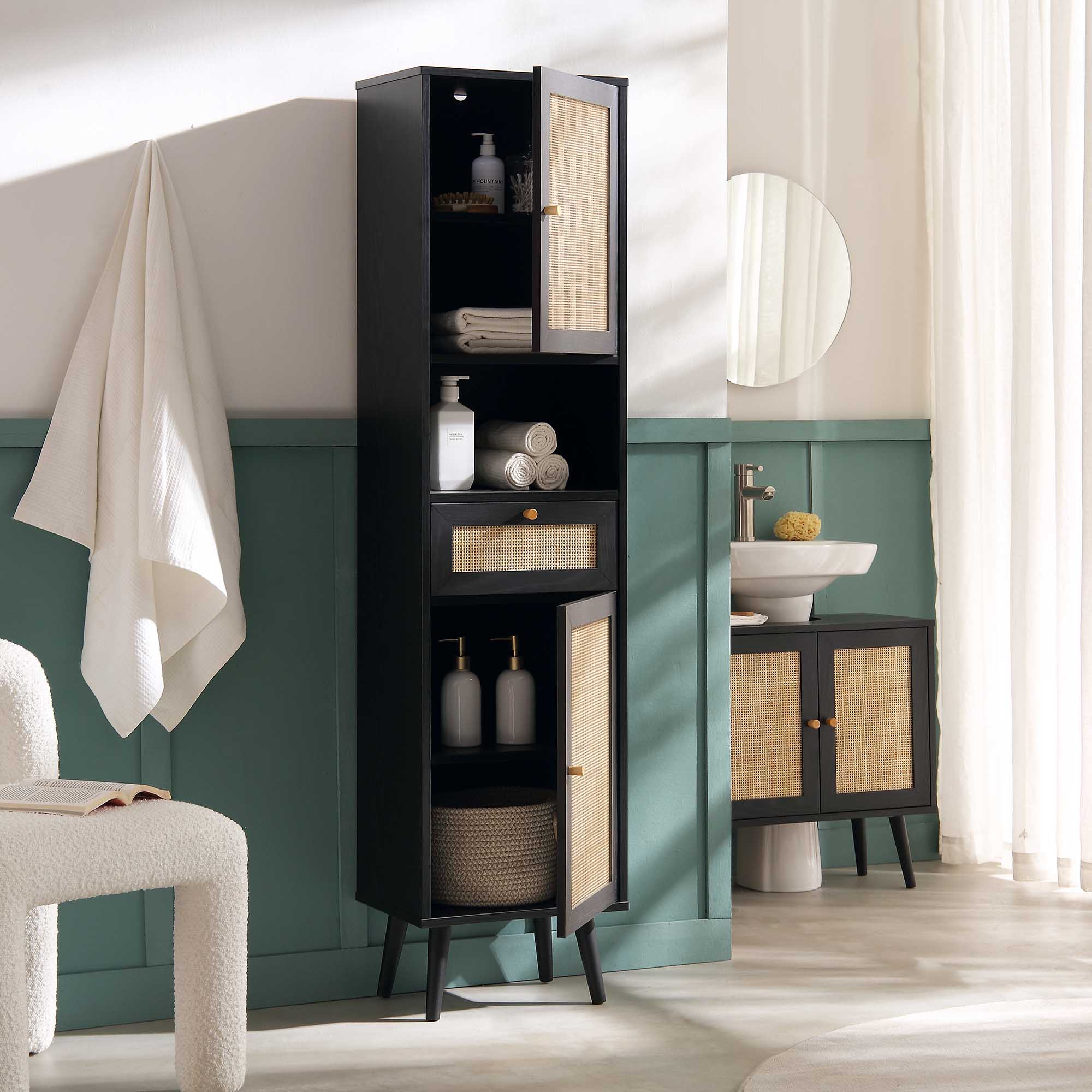 Frances Woven Rattan Tallboy Bathroom Unit, Black