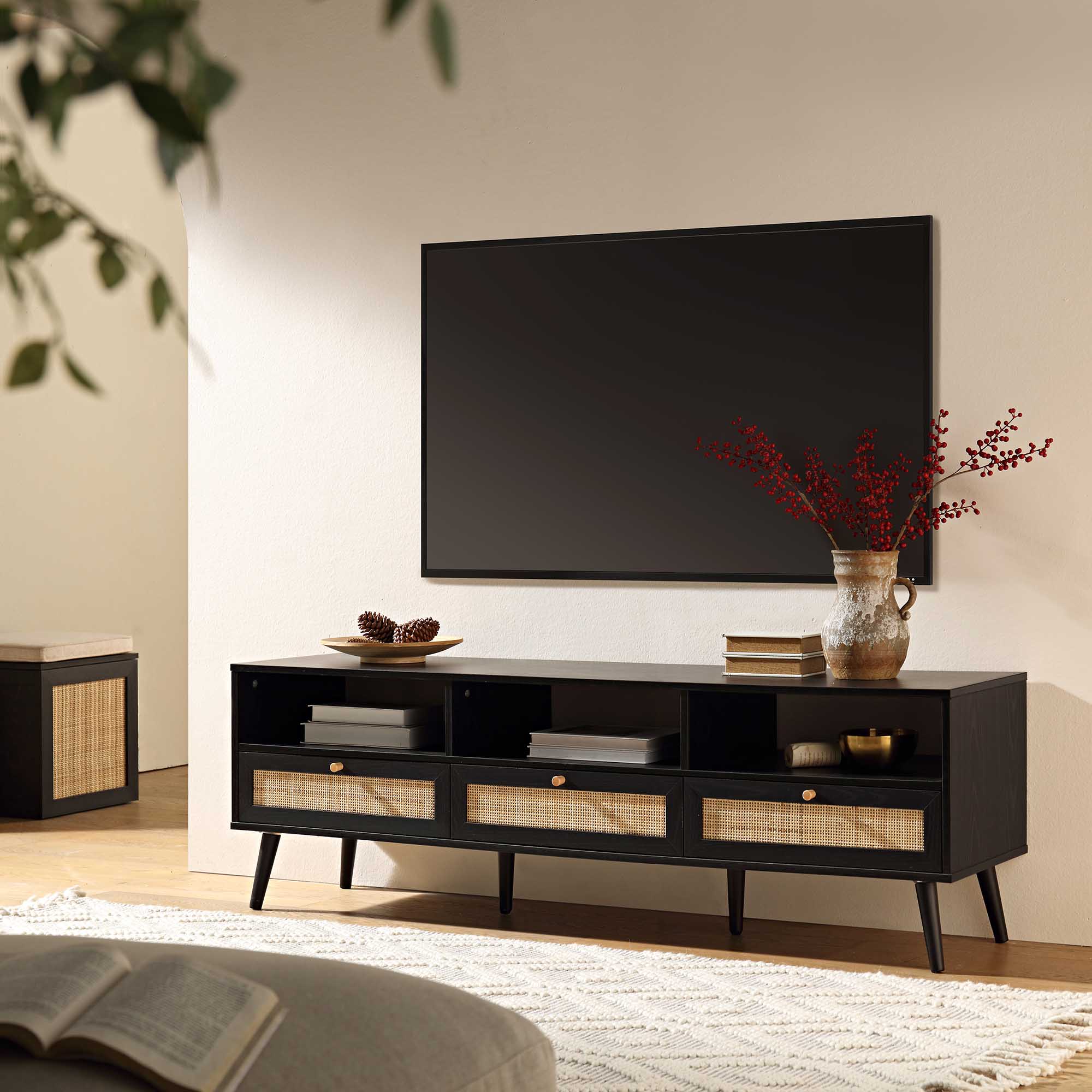 Frances Woven Rattan 160cm 3-Drawer TV Unit, Black