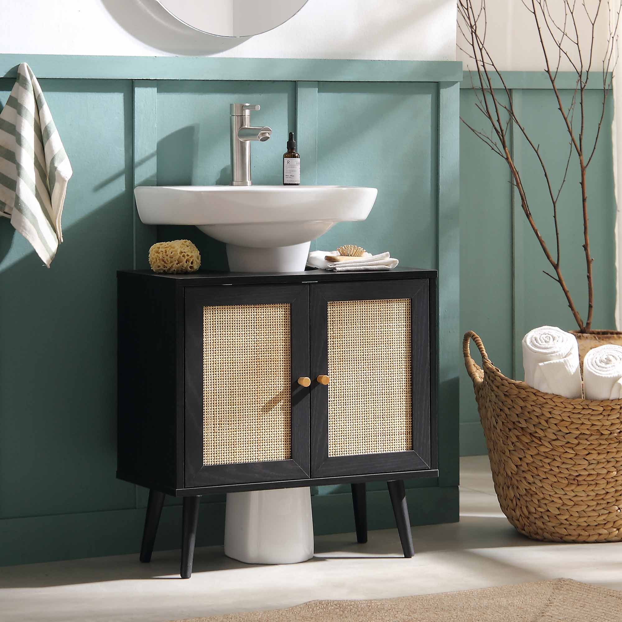 Frances Woven Rattan 2-Door Bathroom Undersink Unit, Black