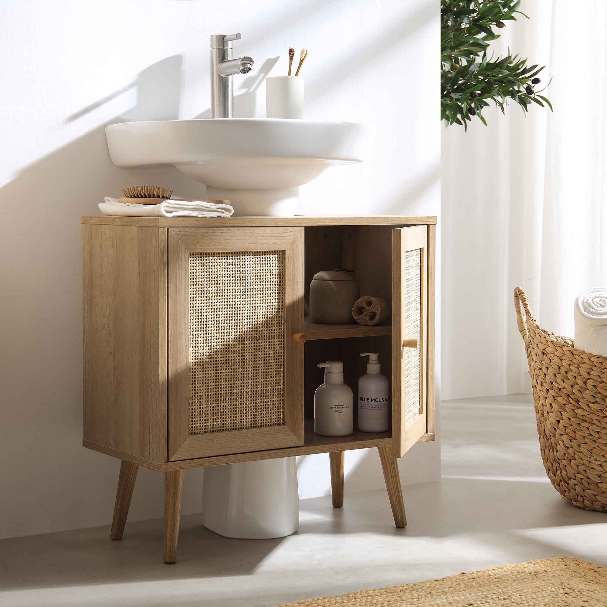Frances Woven Rattan 2-Door Bathroom Undersink Unit, Natural