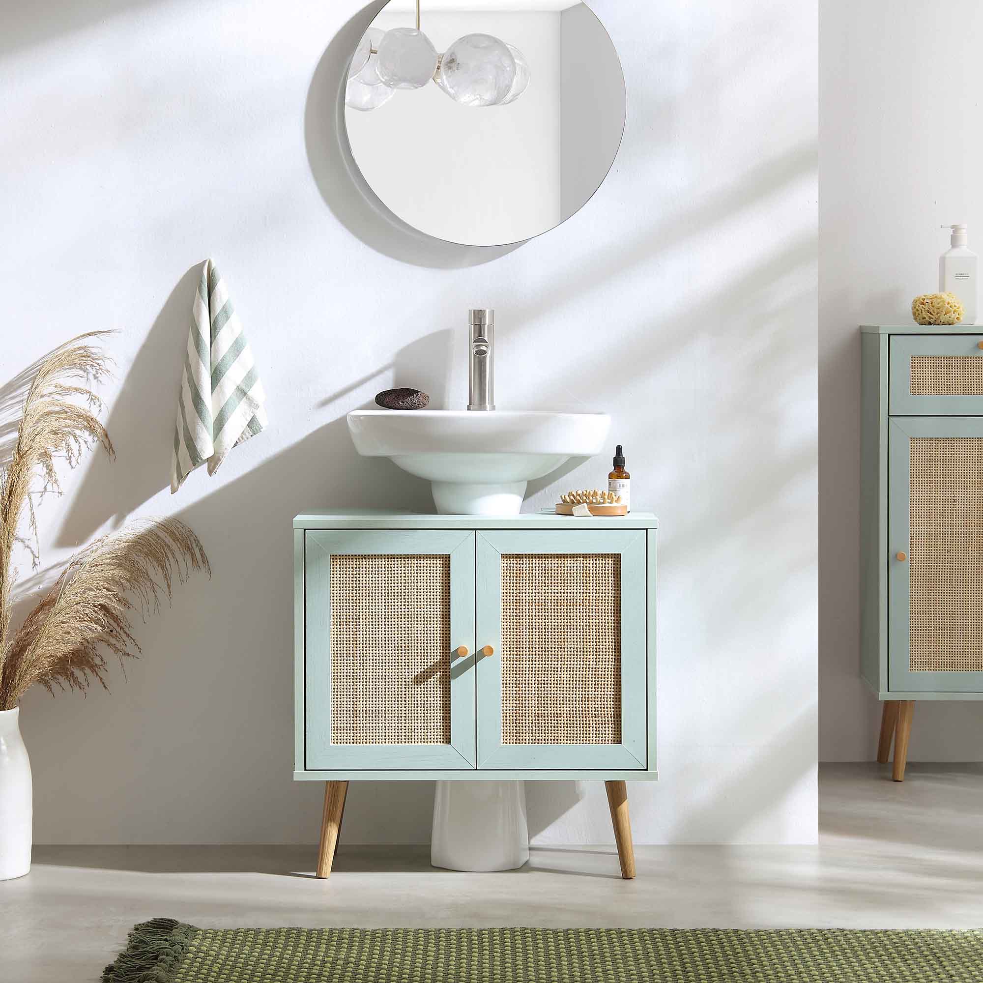Frances Woven Rattan 2-Door Bathroom Undersink Unit, Mint Green