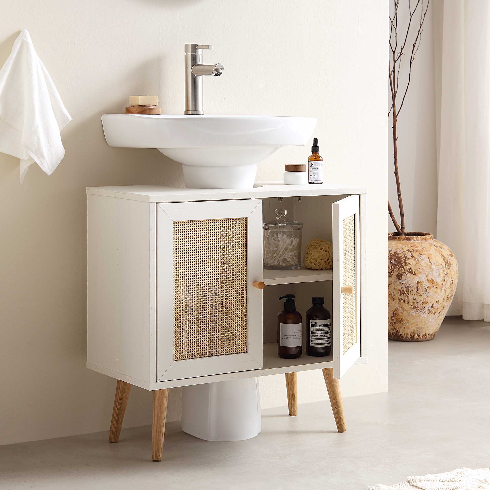 Frances Woven Rattan 2-Door Bathroom Undersink Unit, White