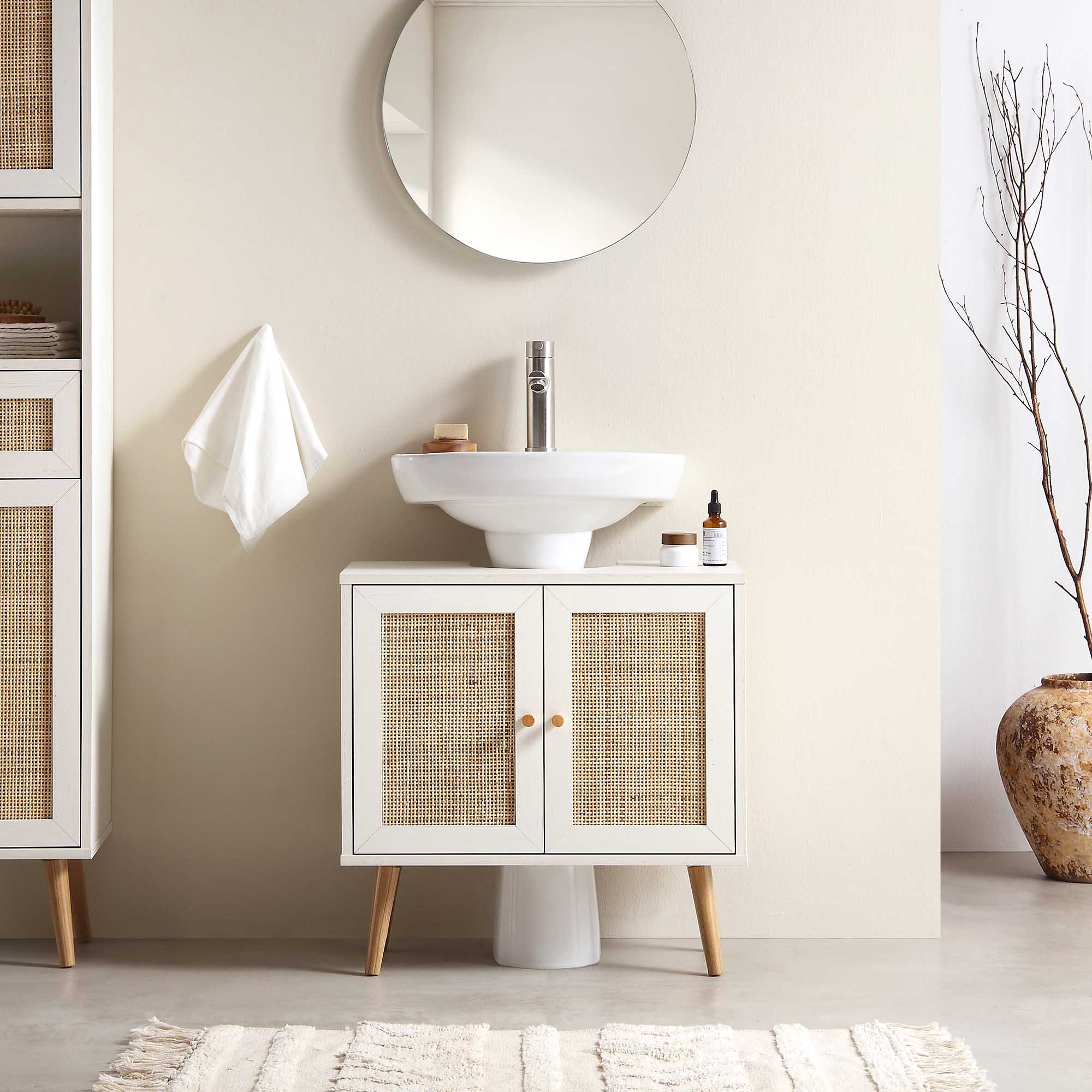 Frances Woven Rattan 2-Door Bathroom Undersink Unit, White