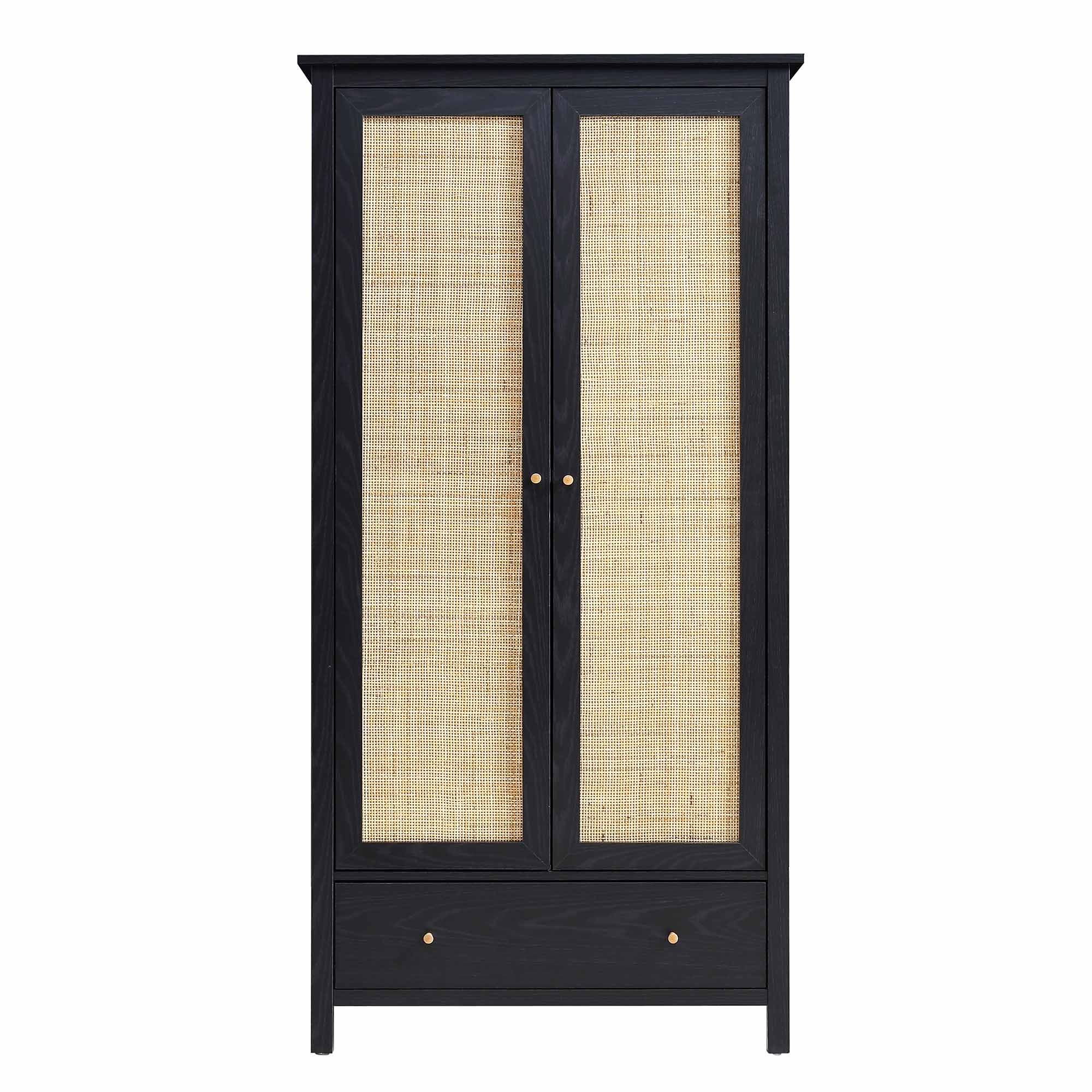 Frances Rattan Double Wardrobe with 1 Drawer, Black