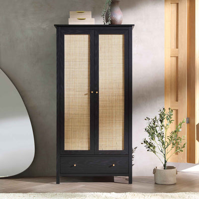 Frances Rattan Double Wardrobe with 1 Drawer, Black