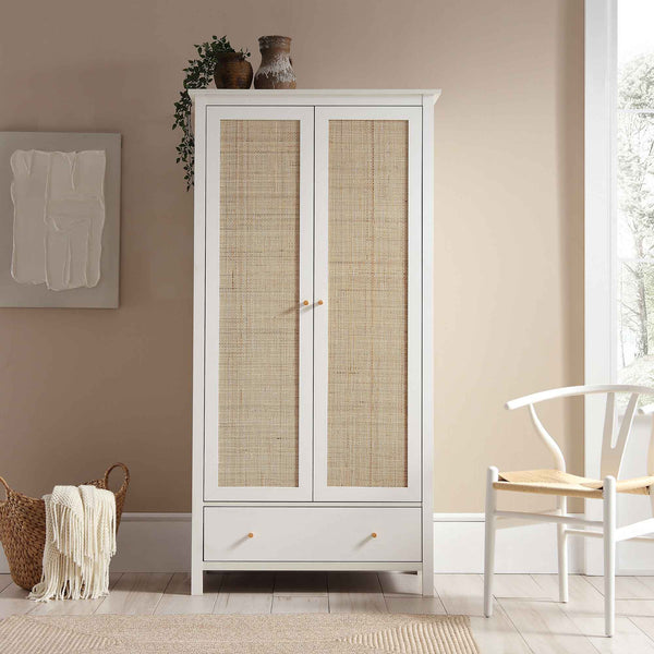 Frances Rattan Double Wardrobe with 1 Drawer, White