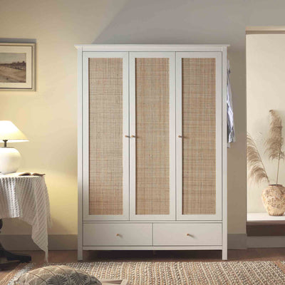 Frances Rattan Triple Wardrobe with 2 Drawers, White