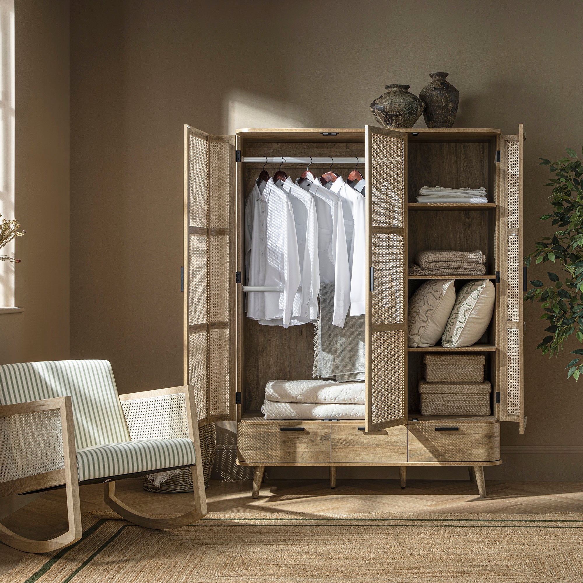Izzy Curved Rattan Triple Wardrobe, Natural