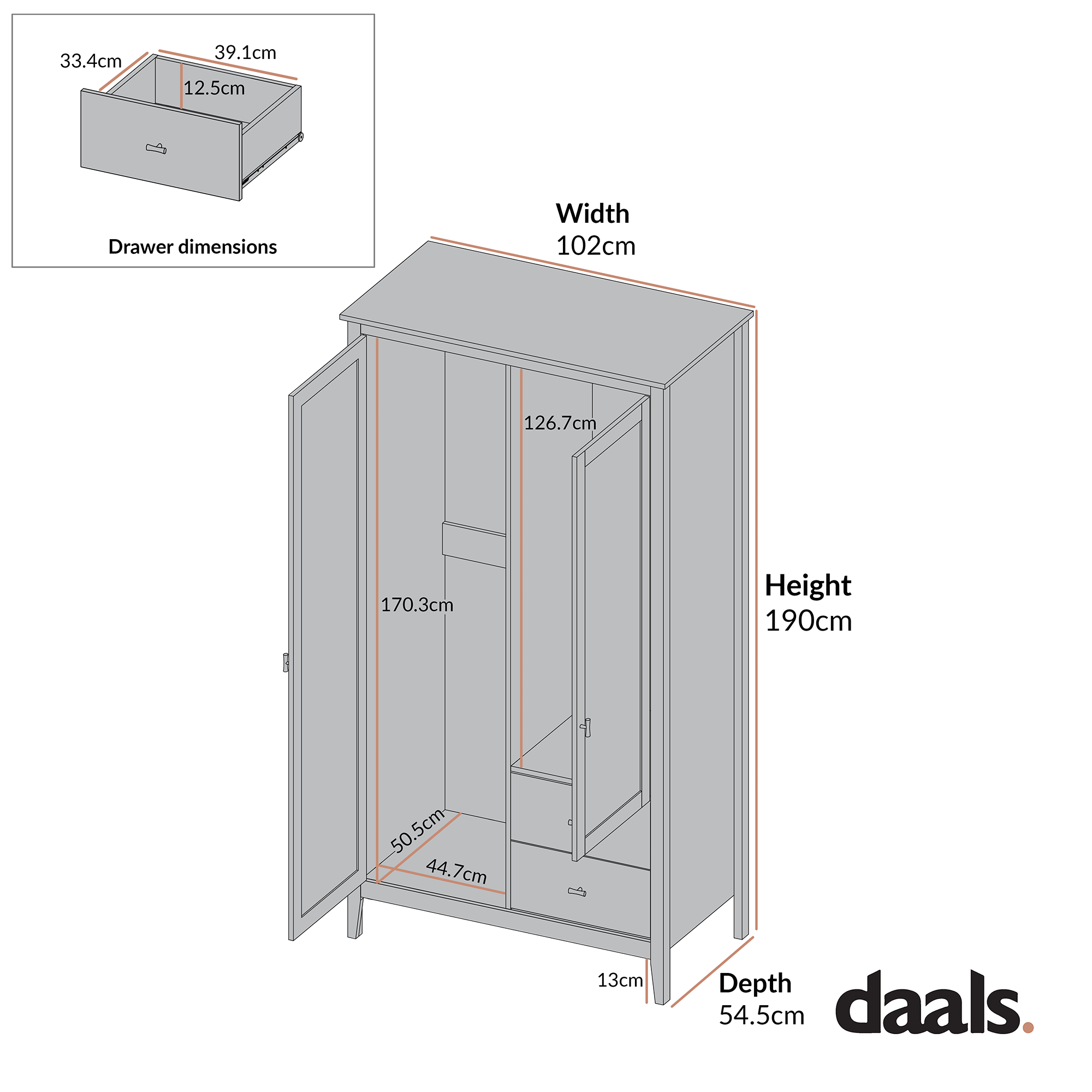 Oakham Mirrored Double Wardrobe, Shaded White