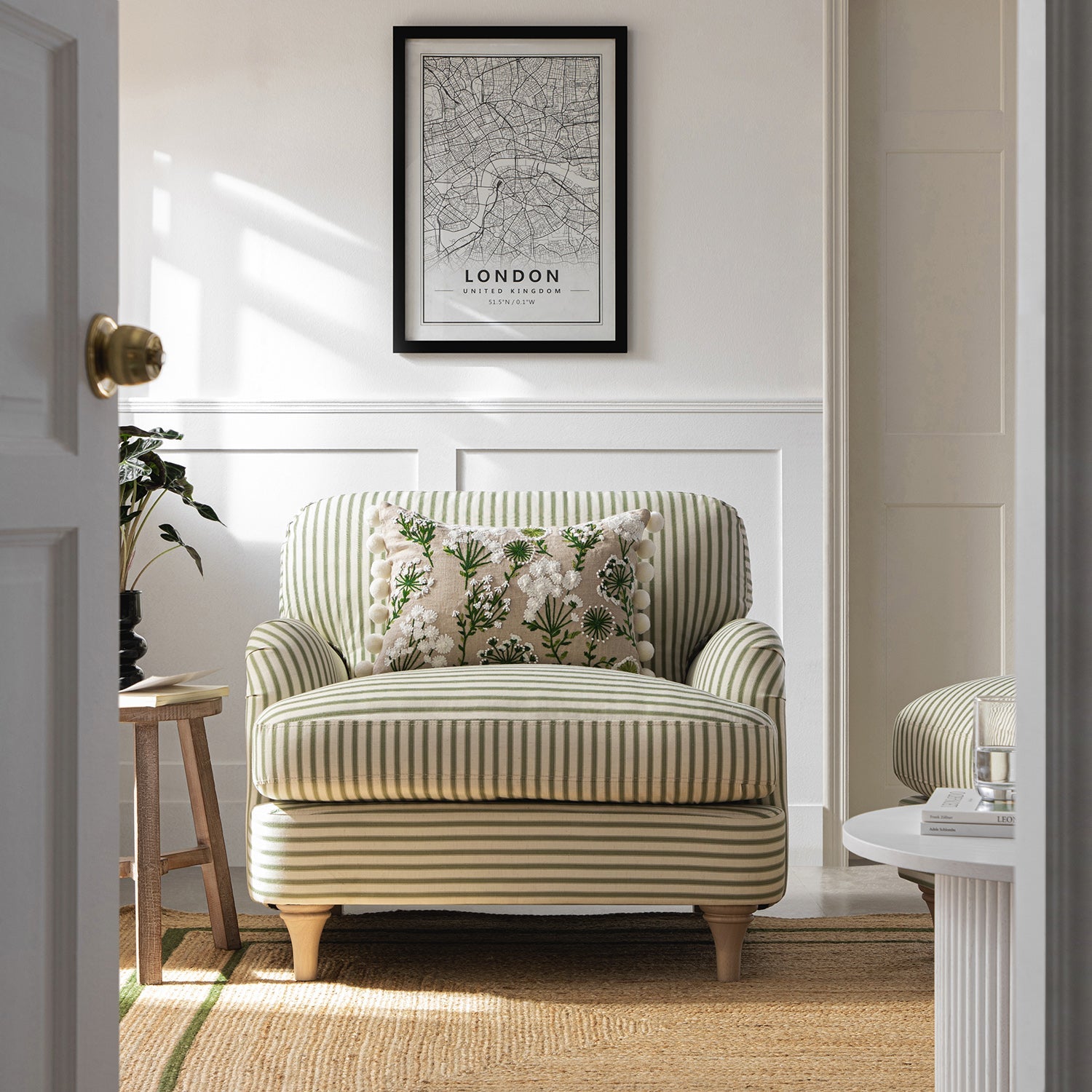 Daphnis Green Striped Linen Blend Sofa, 1-Seater