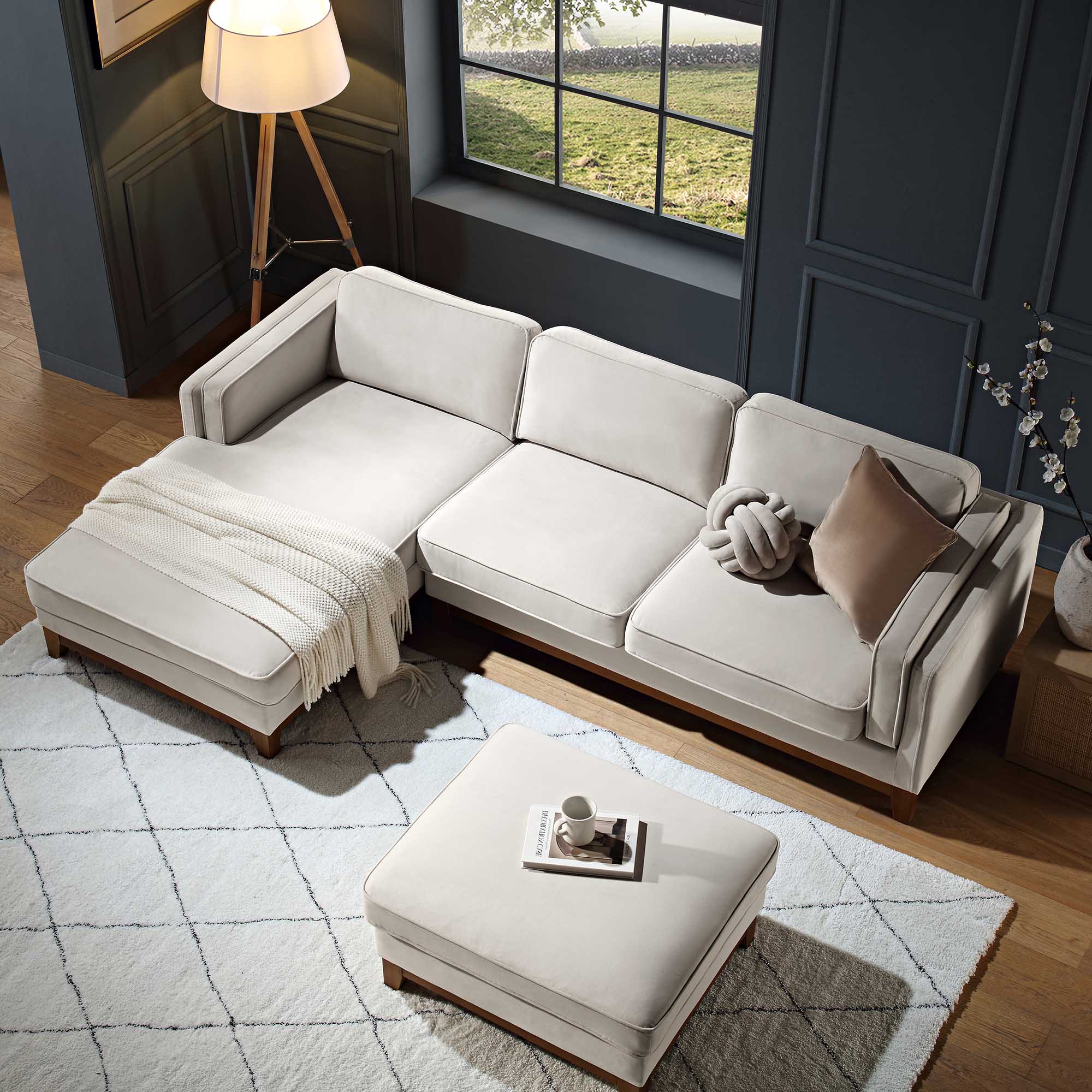 Dipley Champagne Velvet Sofa, Grande Chaise Sofa Left Hand Facing