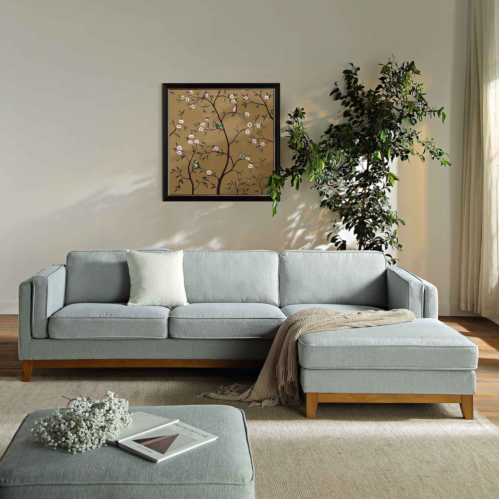 Dipley Sage Woven Fabric Sofa, Grande Chaise Sofa Right Hand Facing