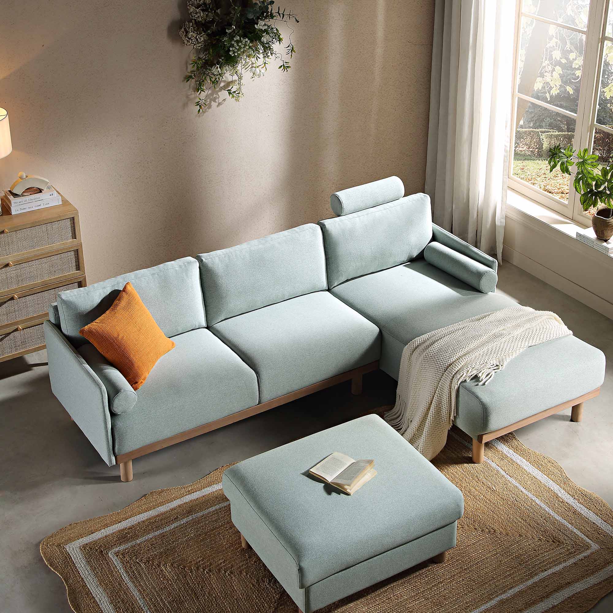 Timber Sage Green Fabric Sofa, Large 3-Seater Chaise Sofa Right Hand Facing