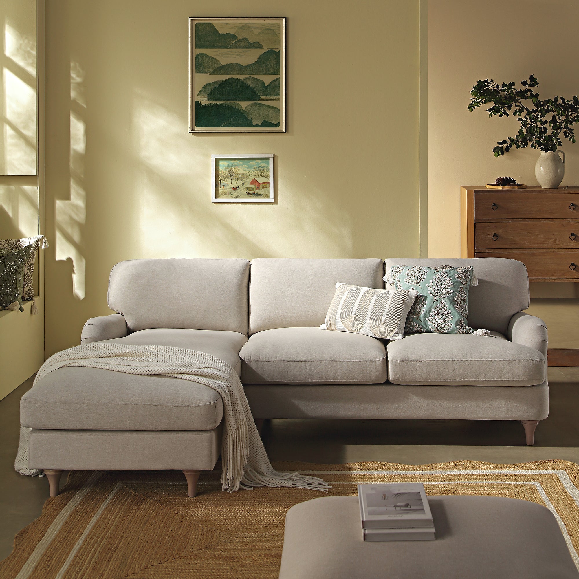 Daphnis Oatmeal Fabric Sofa, Grande Chaise Sofa Left Hand Facing