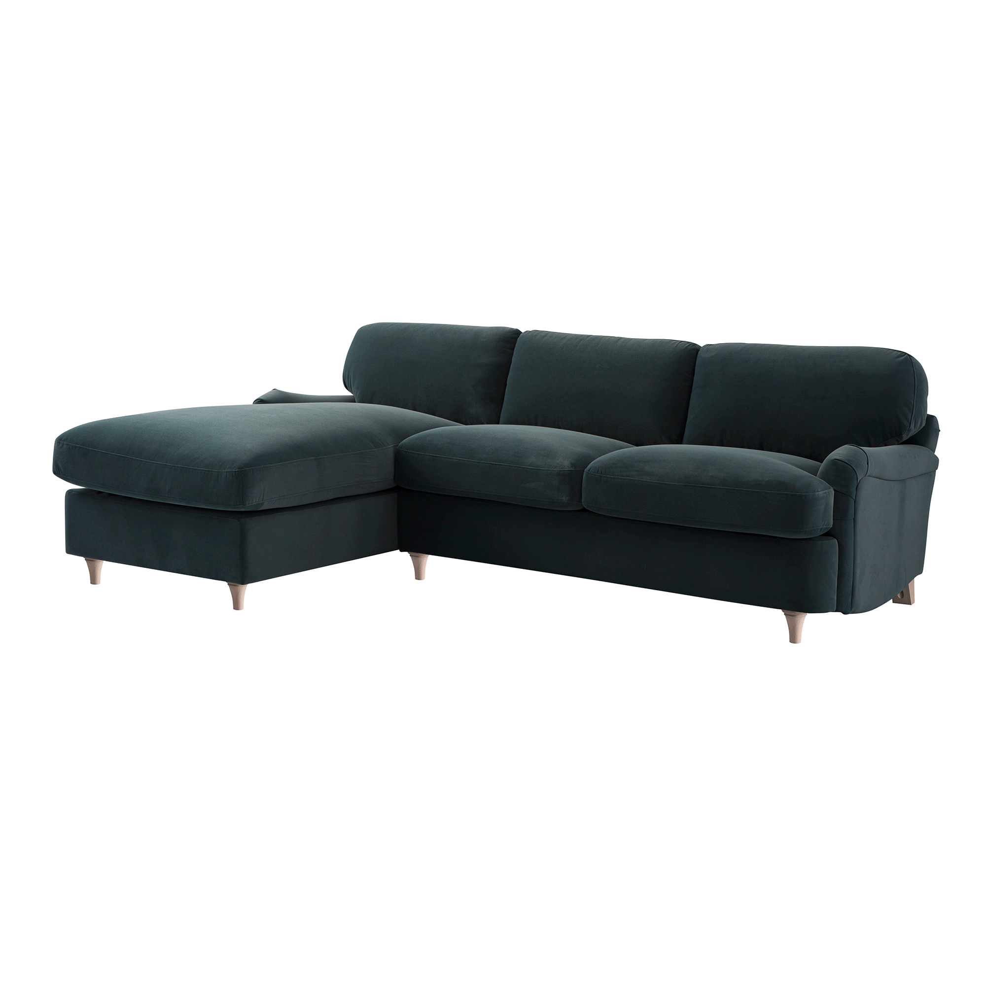 Daphnis Aegean Blue Velvet Sofa Bed, Grande Chaise Left Hand Facing