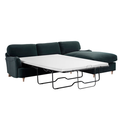 Daphnis Aegean Blue Velvet Sofa Bed, Grande Chaise Right Hand Facing