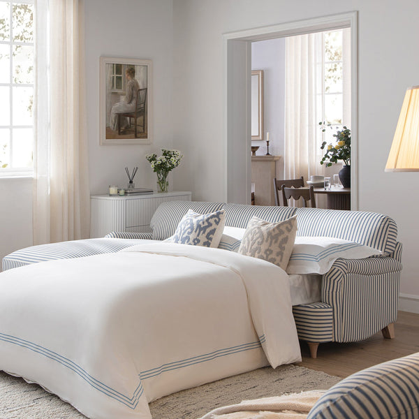 Daphnis Blue Striped Linen Blend Sofa Bed, Grande Chaise Left Hand Facing