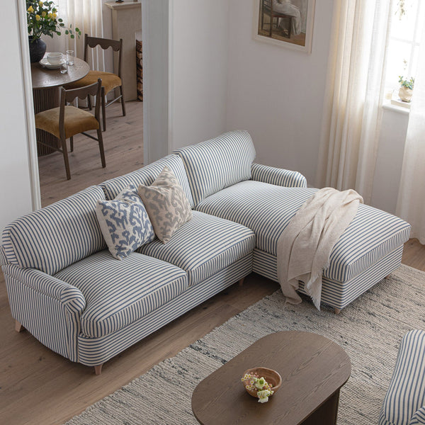 Daphnis Blue Striped Linen Blend Sofa Bed, Grande Chaise Right Hand Facing