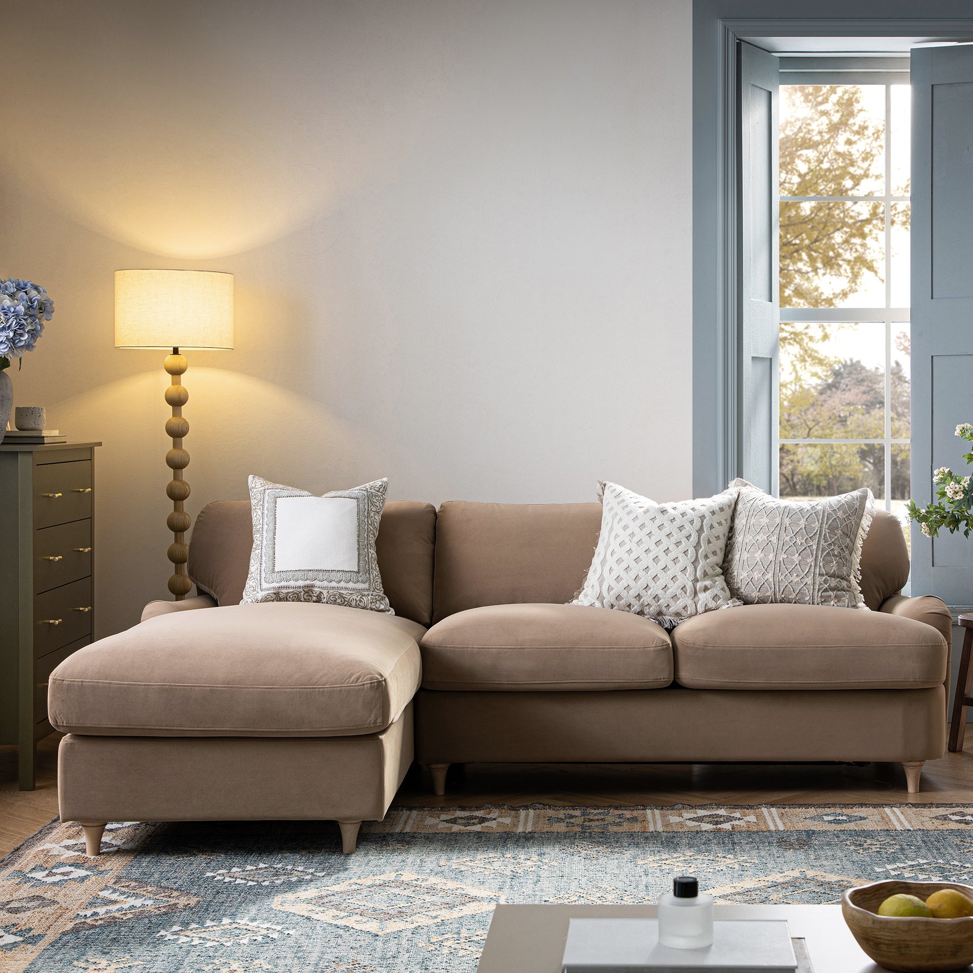 Daphnis Camel Velvet Sofa Bed, Grande Chaise Left Hand Facing