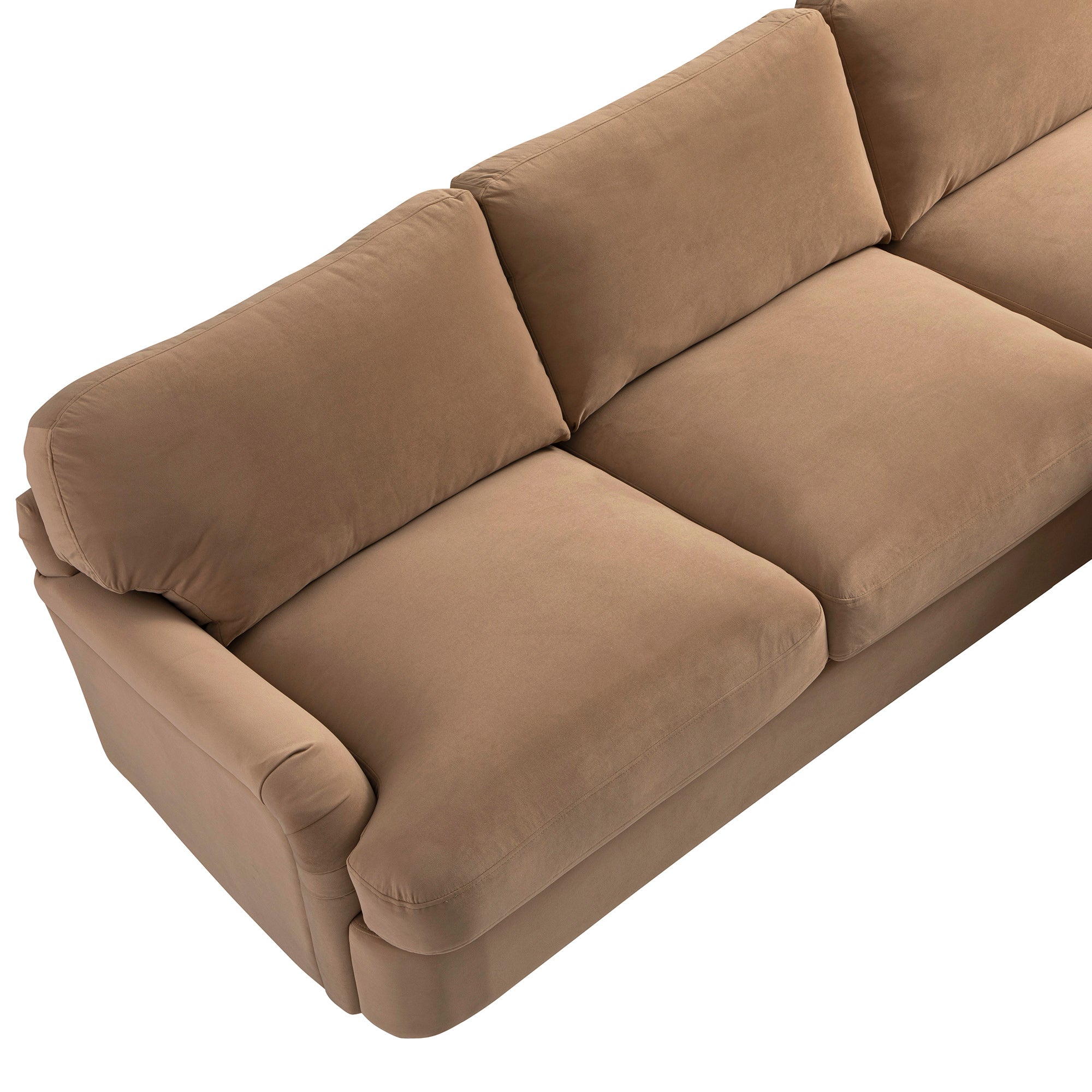 Daphnis Camel Velvet Sofa Bed, Grande Chaise Right Hand Facing