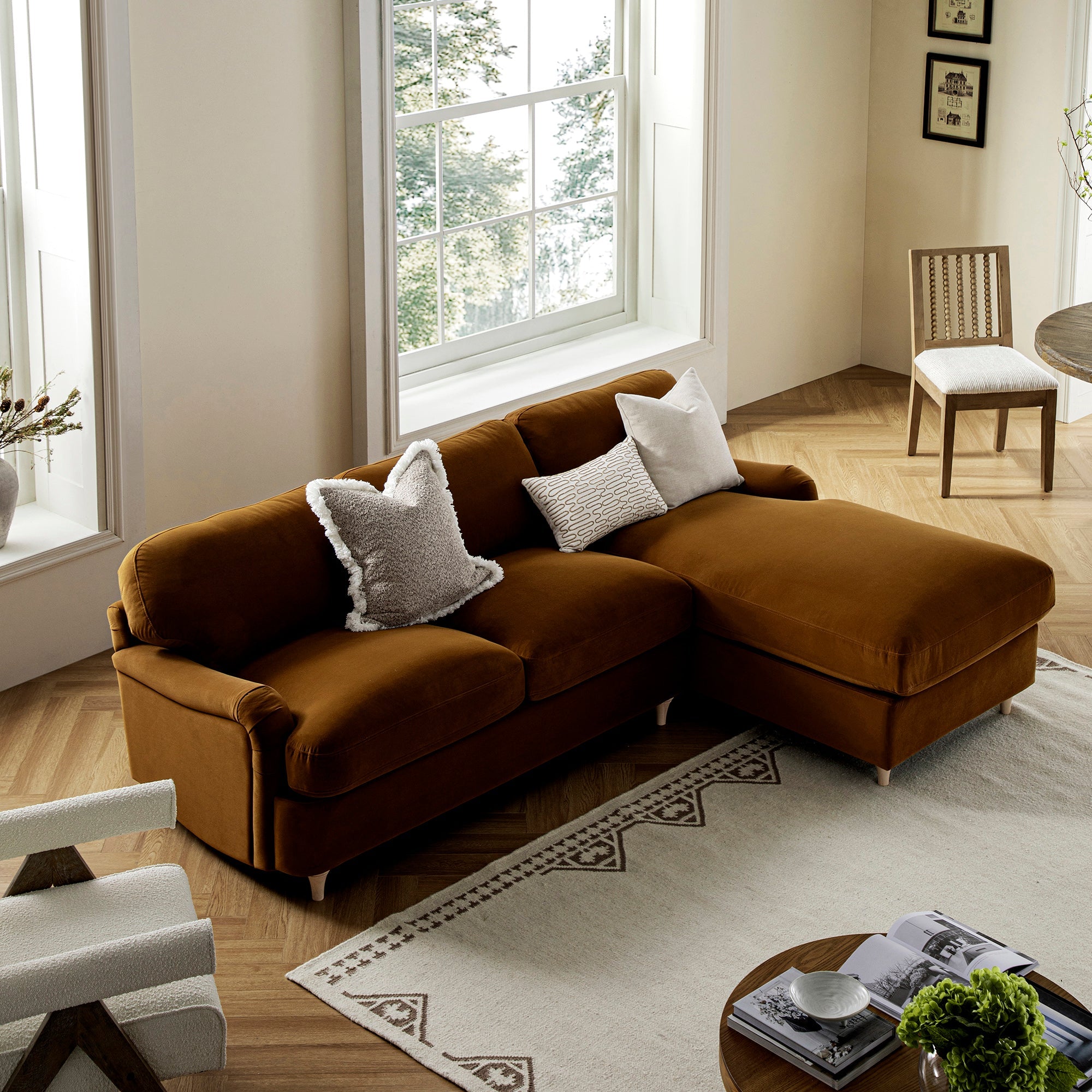 Daphnis Cinnamon Velvet Sofa Bed, Grande Chaise Sofa Right Hand Facing