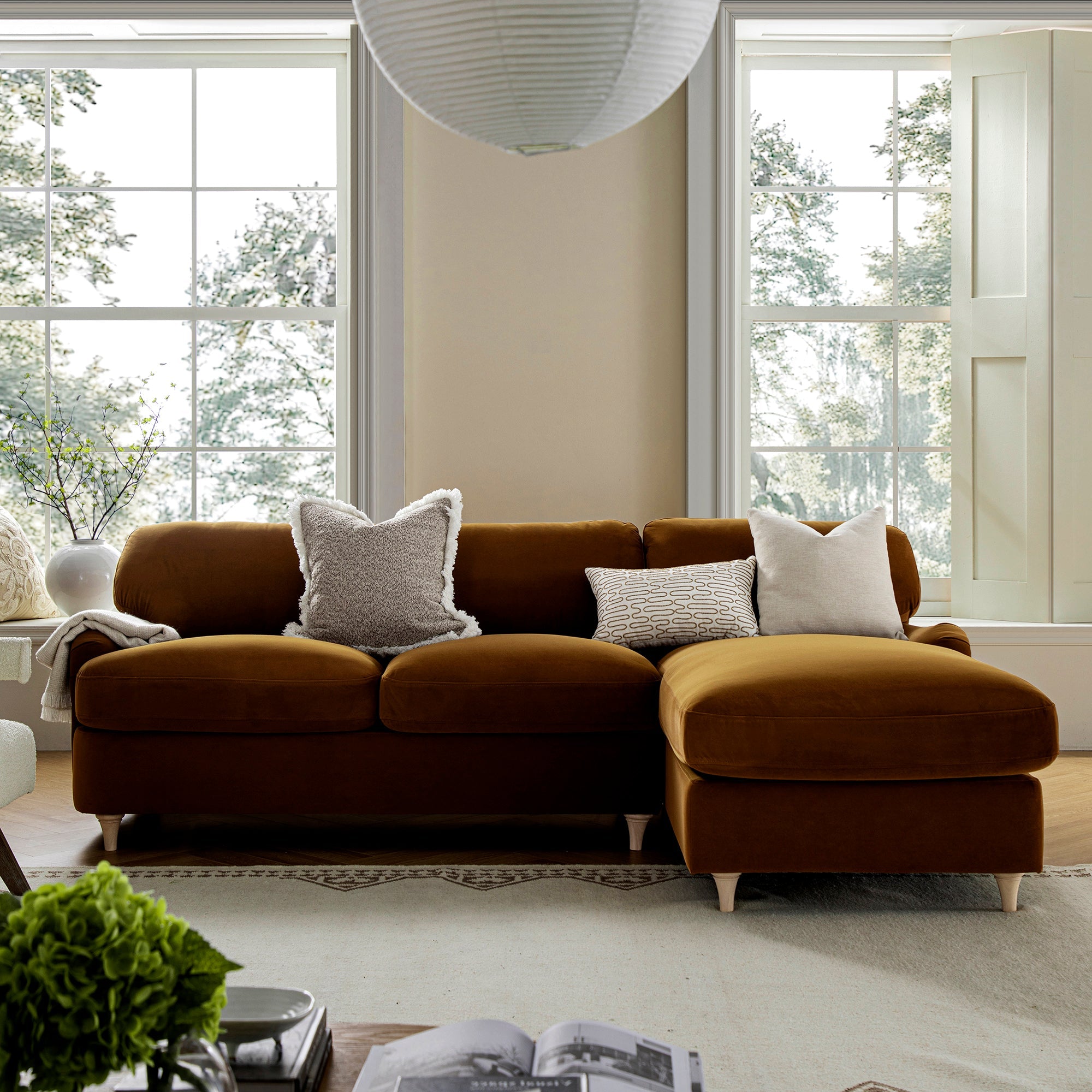 Daphnis Cinnamon Velvet Sofa Bed, Grande Chaise Sofa Right Hand Facing
