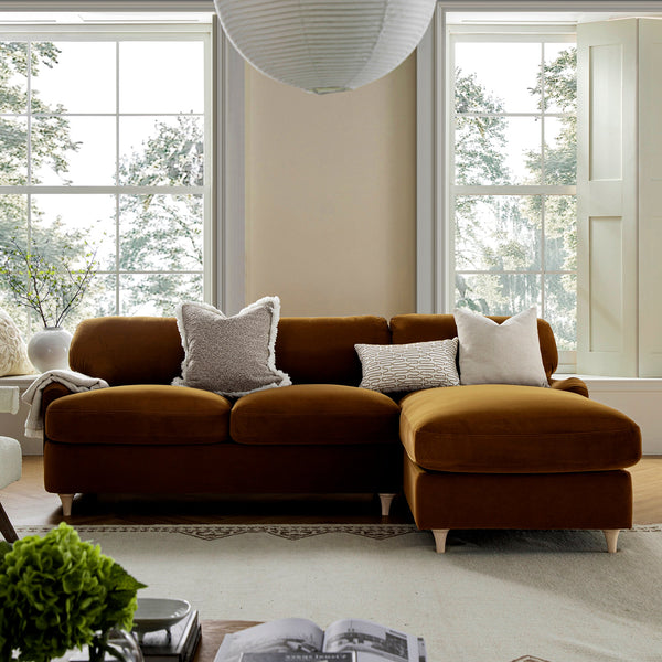 Daphnis Cinnamon Velvet Sofa Bed, Grande Chaise Sofa Right Hand Facing