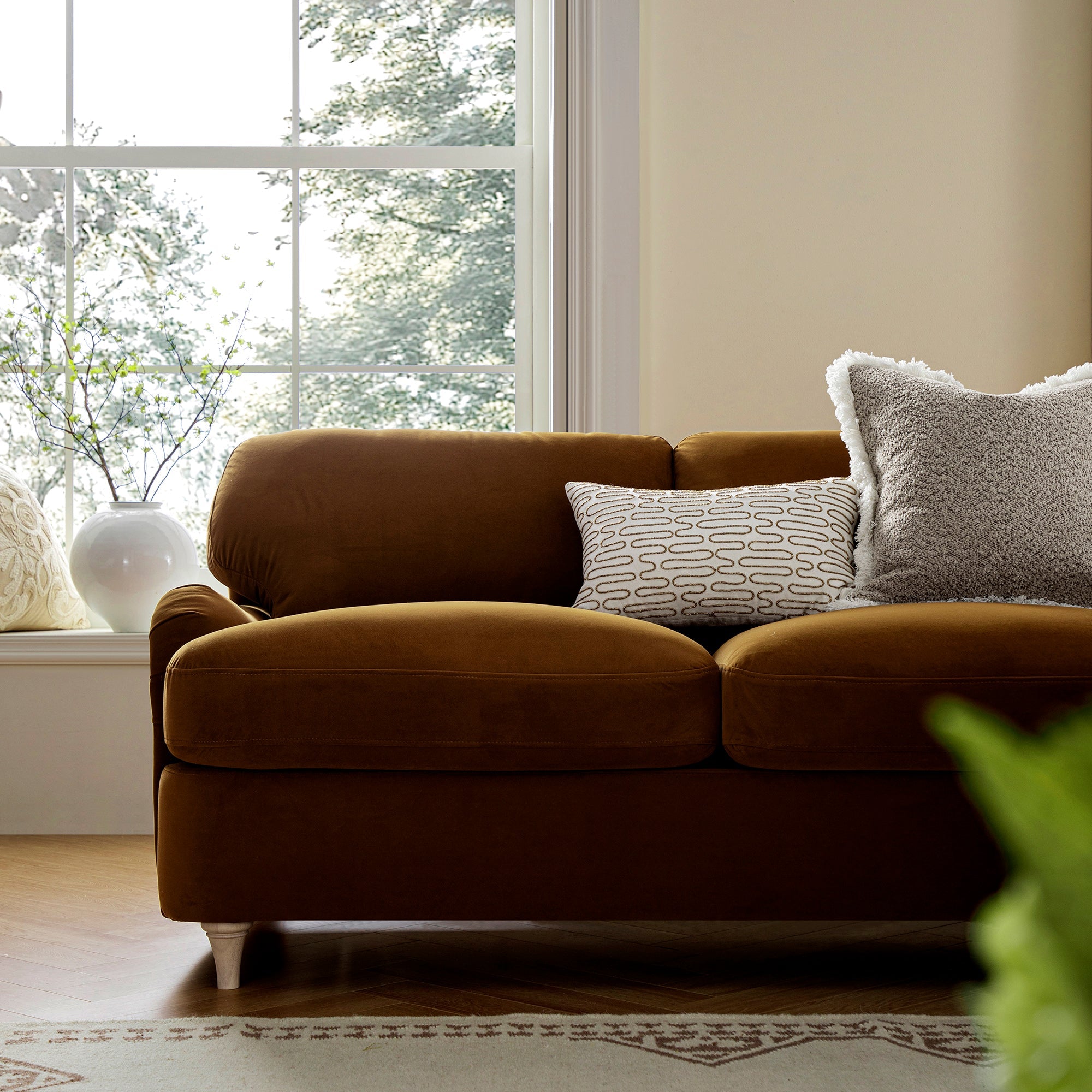 Daphnis Cinnamon Velvet Sofa Bed, Grande Chaise Sofa Right Hand Facing