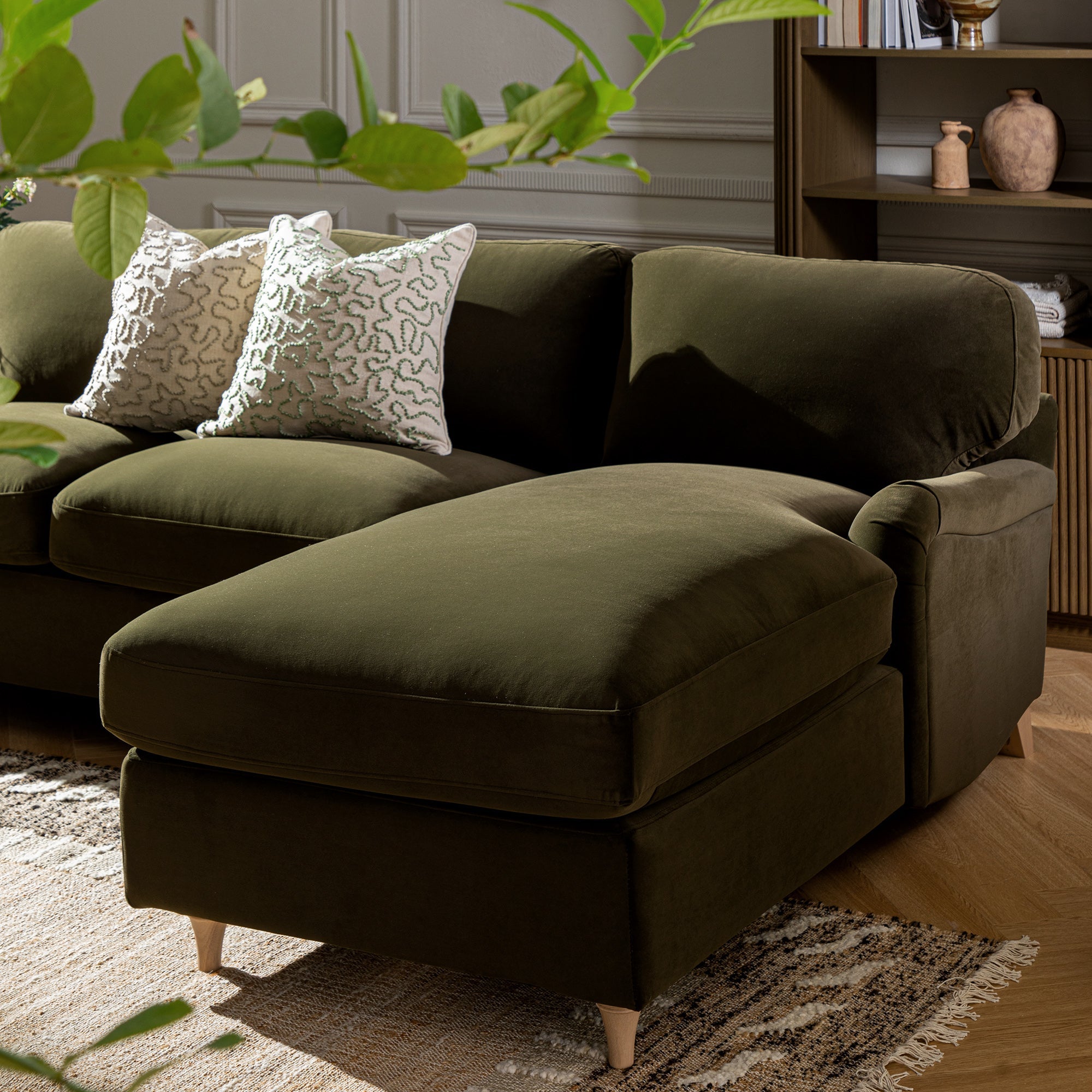 Daphnis Seaweed Velvet Sofa Bed, Grande Chaise Right Hand Facing