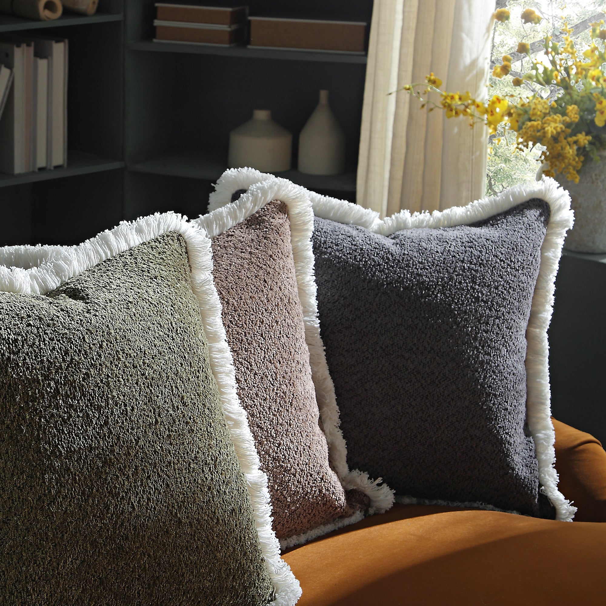 Kyra Graphite Grey Bouclé Fringed Cushion