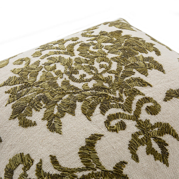 Damask Moss Green Wool Embroidered Cushion
