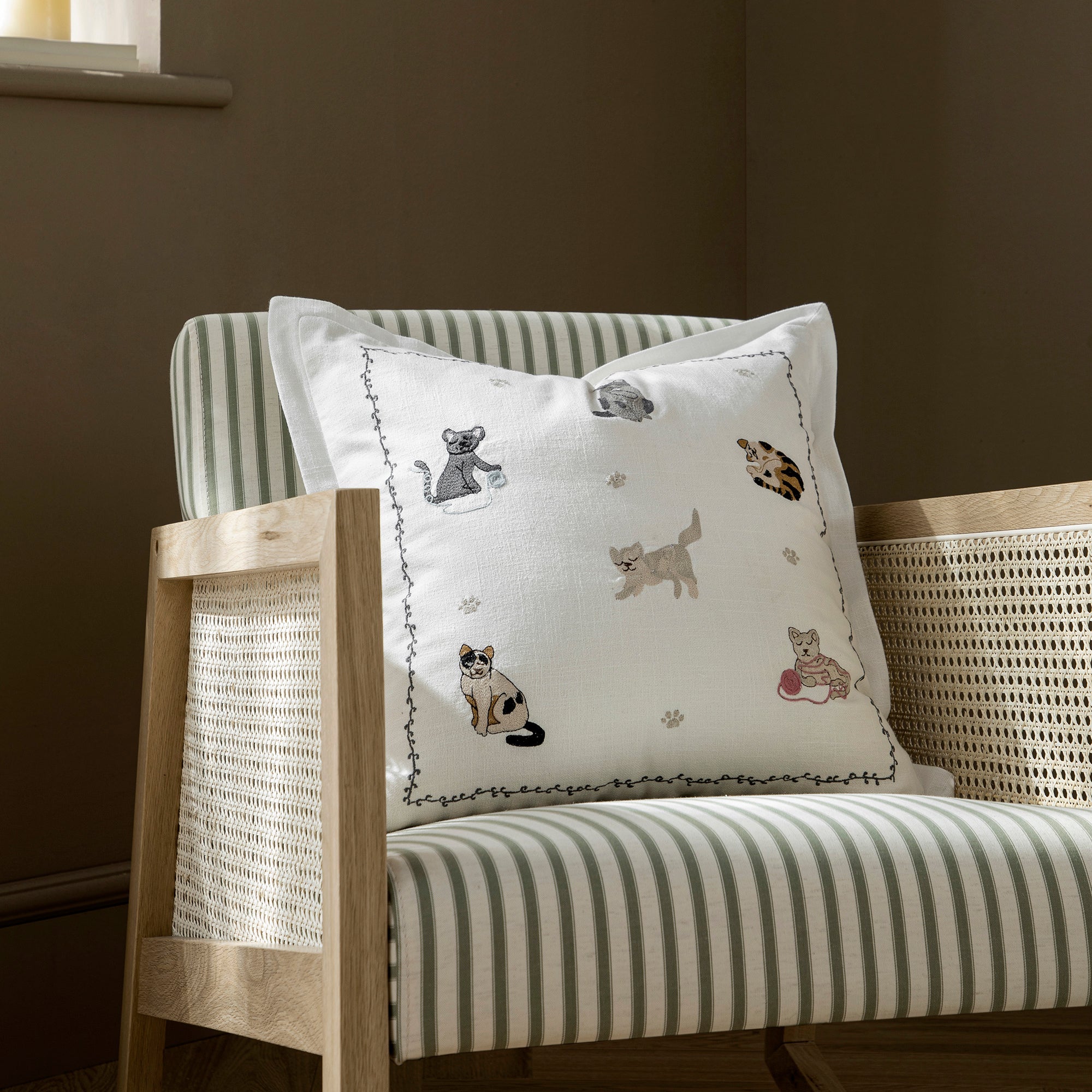 Whimsical Animals Feline Fine Hand Embroidered Cushion