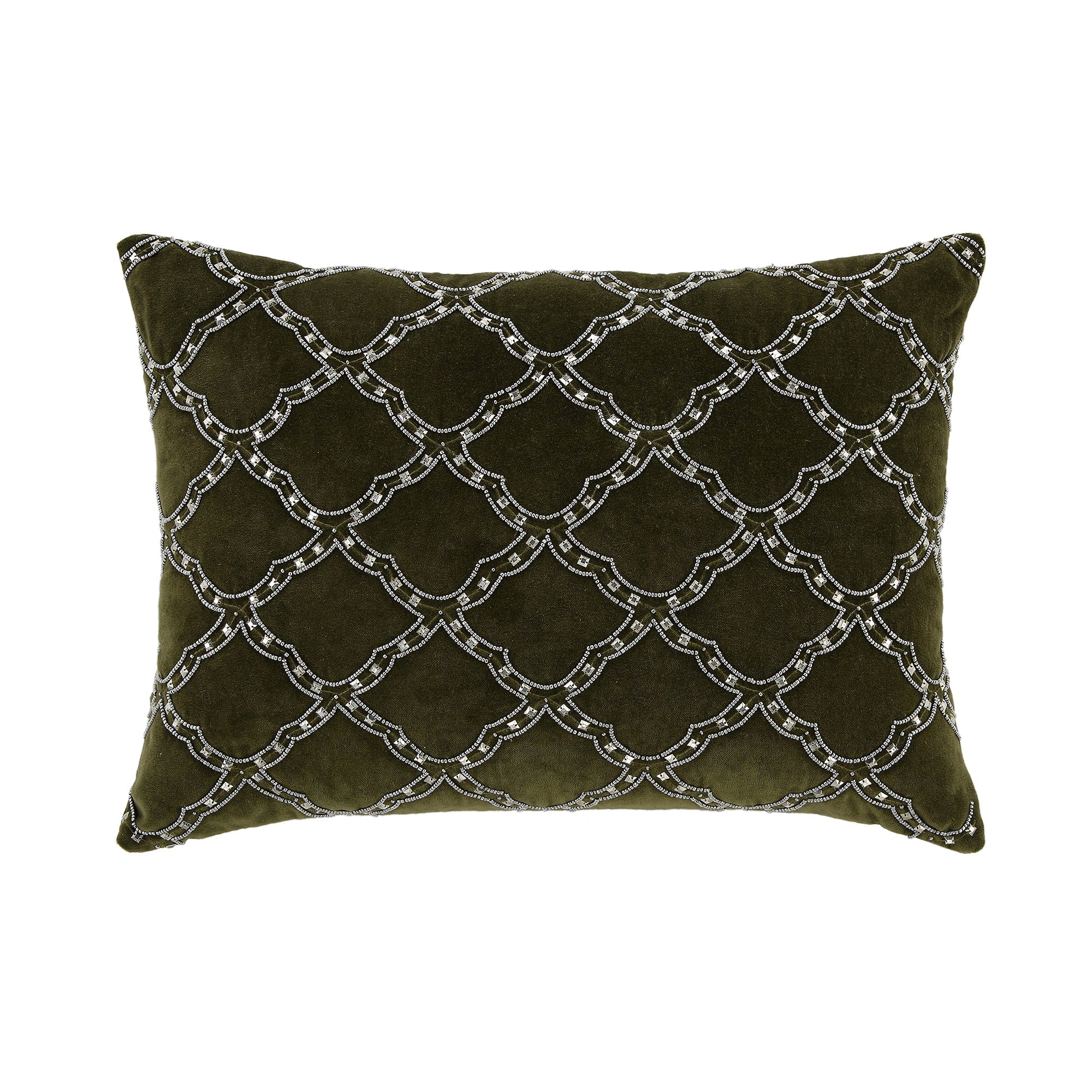 Luxe Collection Greta Beaded Moss Green Cotton Velvet Cushion