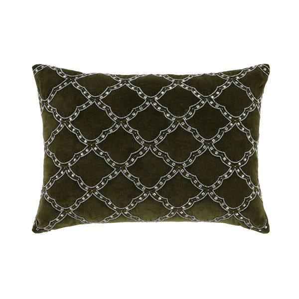 Luxe Collection Greta Beaded Moss Green Cotton Velvet Cushion