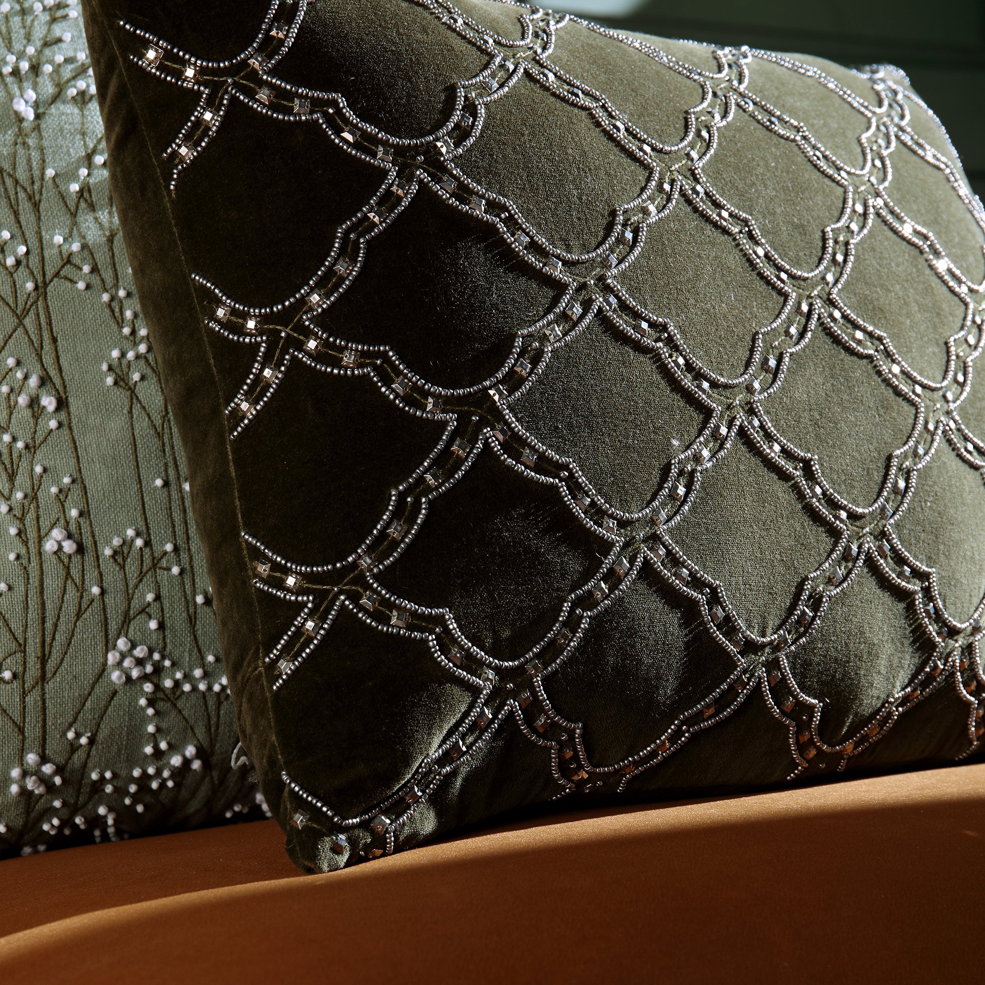 Luxe Collection Greta Beaded Moss Green Cotton Velvet Cushion