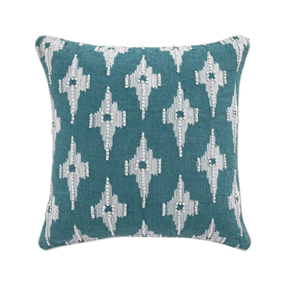 Mahika Ikat Blue French Knot Linen Cushion