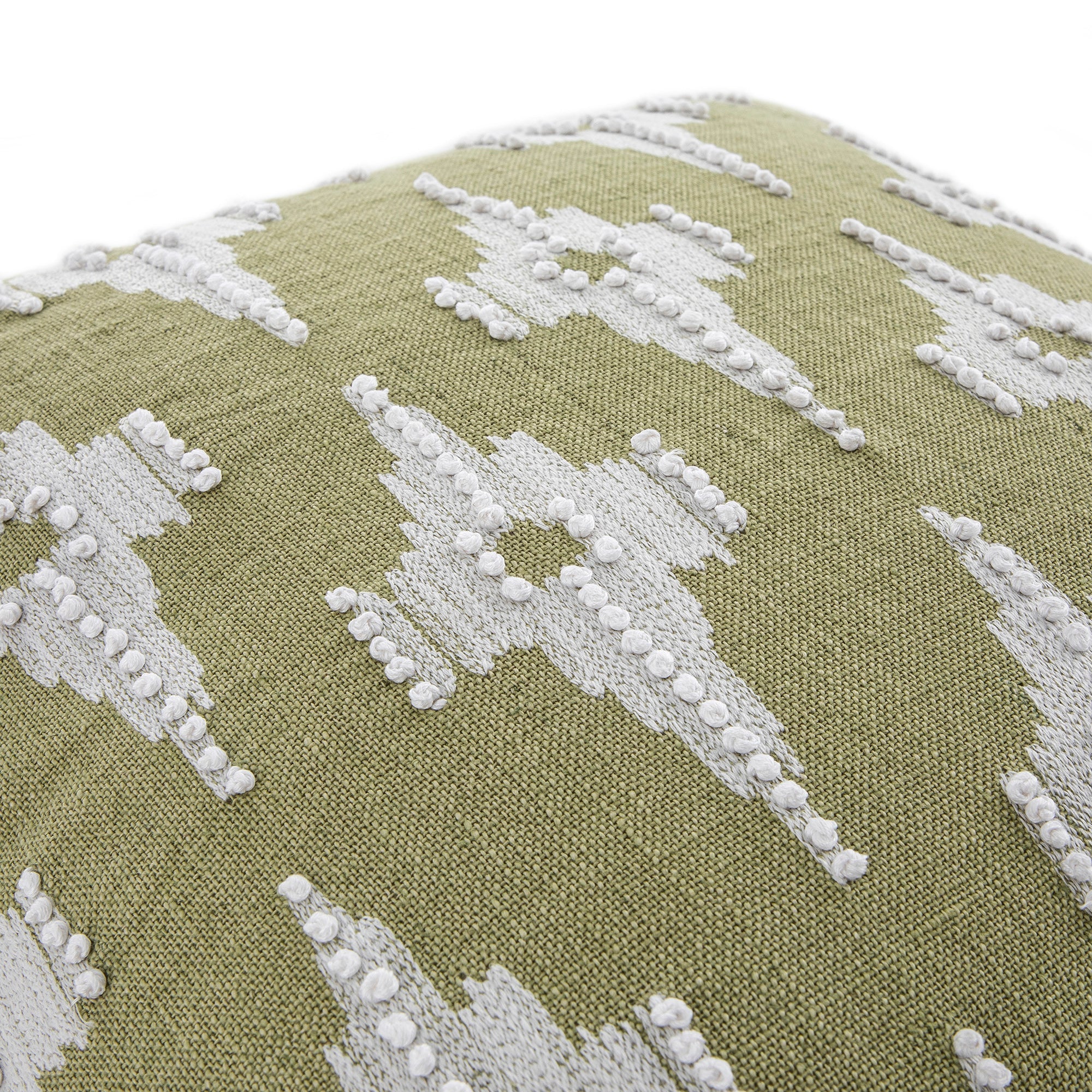 Mahika Ikat Sage Green French Knot Linen Cushion