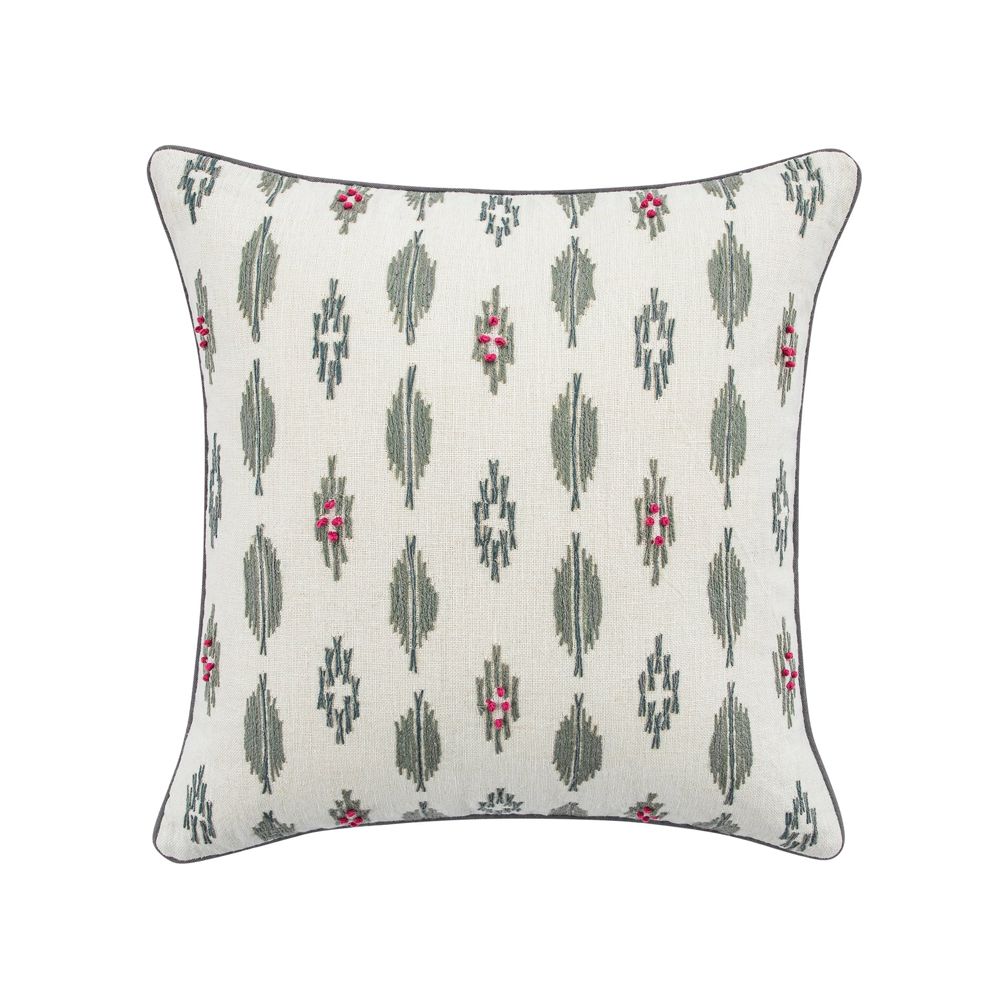 Patola Ikat Slate Blue and Pink French Knot Linen Cushion