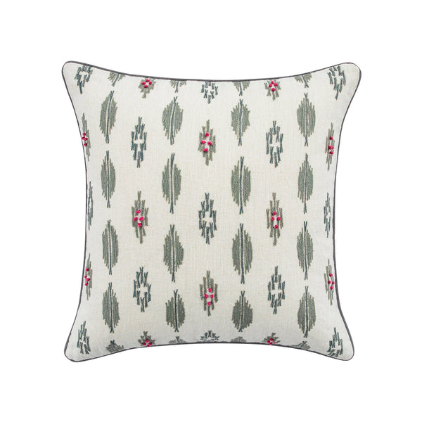 Patola Ikat Slate Blue and Pink French Knot Linen Cushion