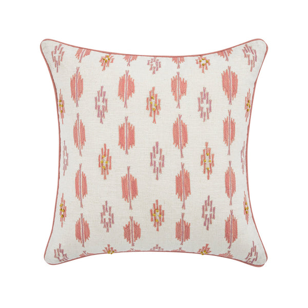 Patola Ikat Pink and Yellow French Knot Linen Cushion