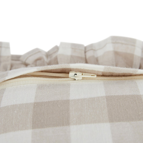 Matilda Beige Gingham Ruffle Floral Embroidered Linen Blend Cushion
