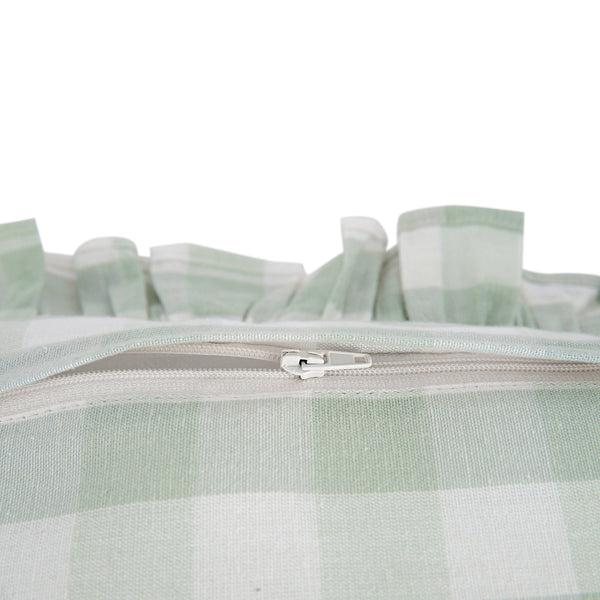 Matilda Sage Green Gingham Ruffle Floral Embroidered Linen Blend Cushion
