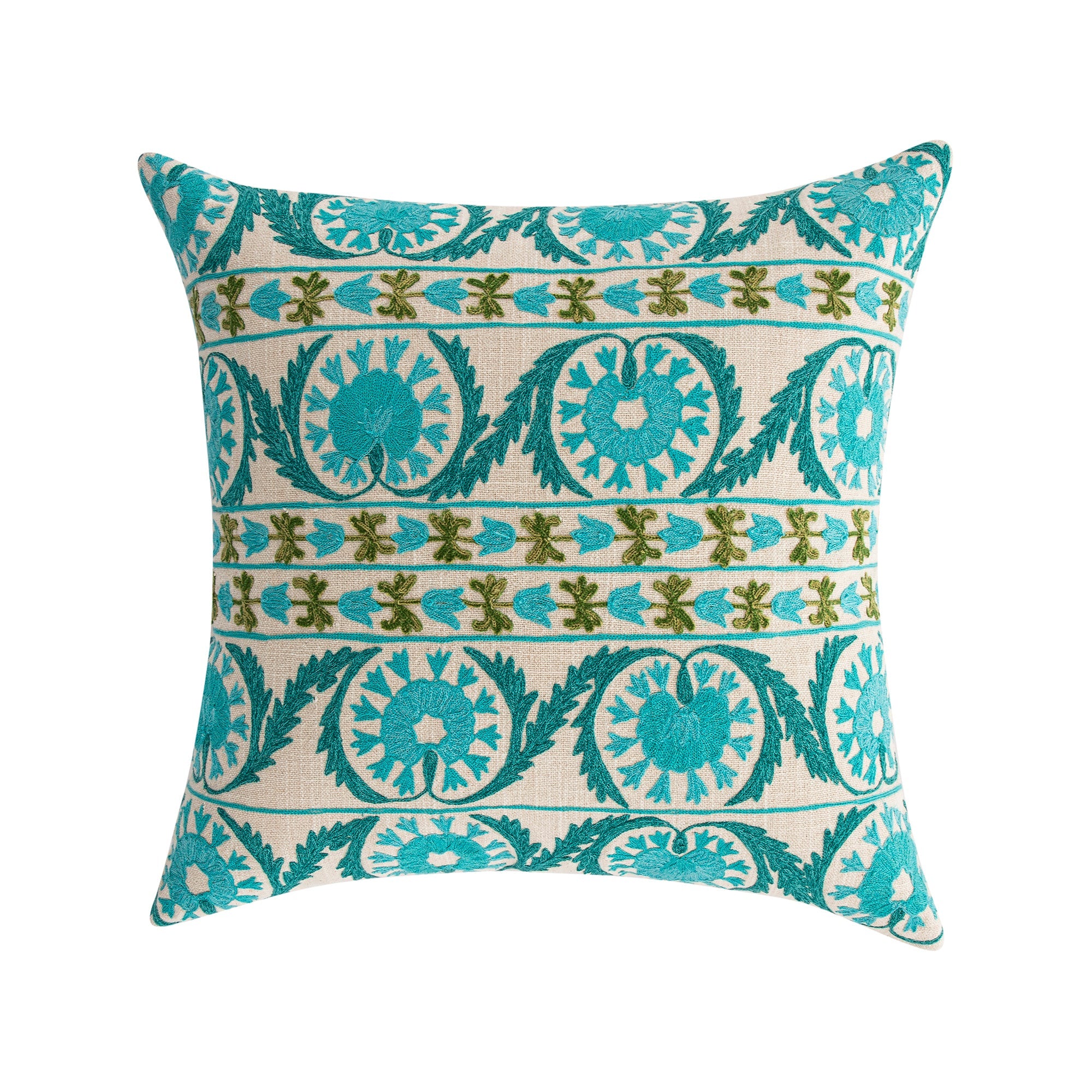 Indra Suzani Cyan Blue Crewelwork Wool Embroidered Cushion