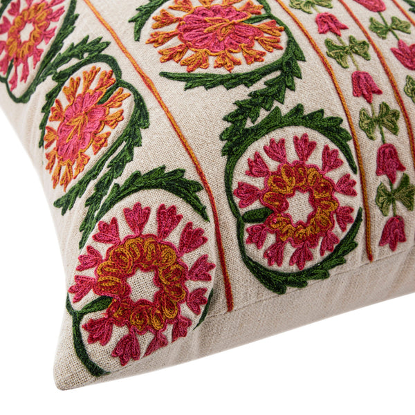 Indra Suzani Pink Crewelwork Wool Embroidered Cushion
