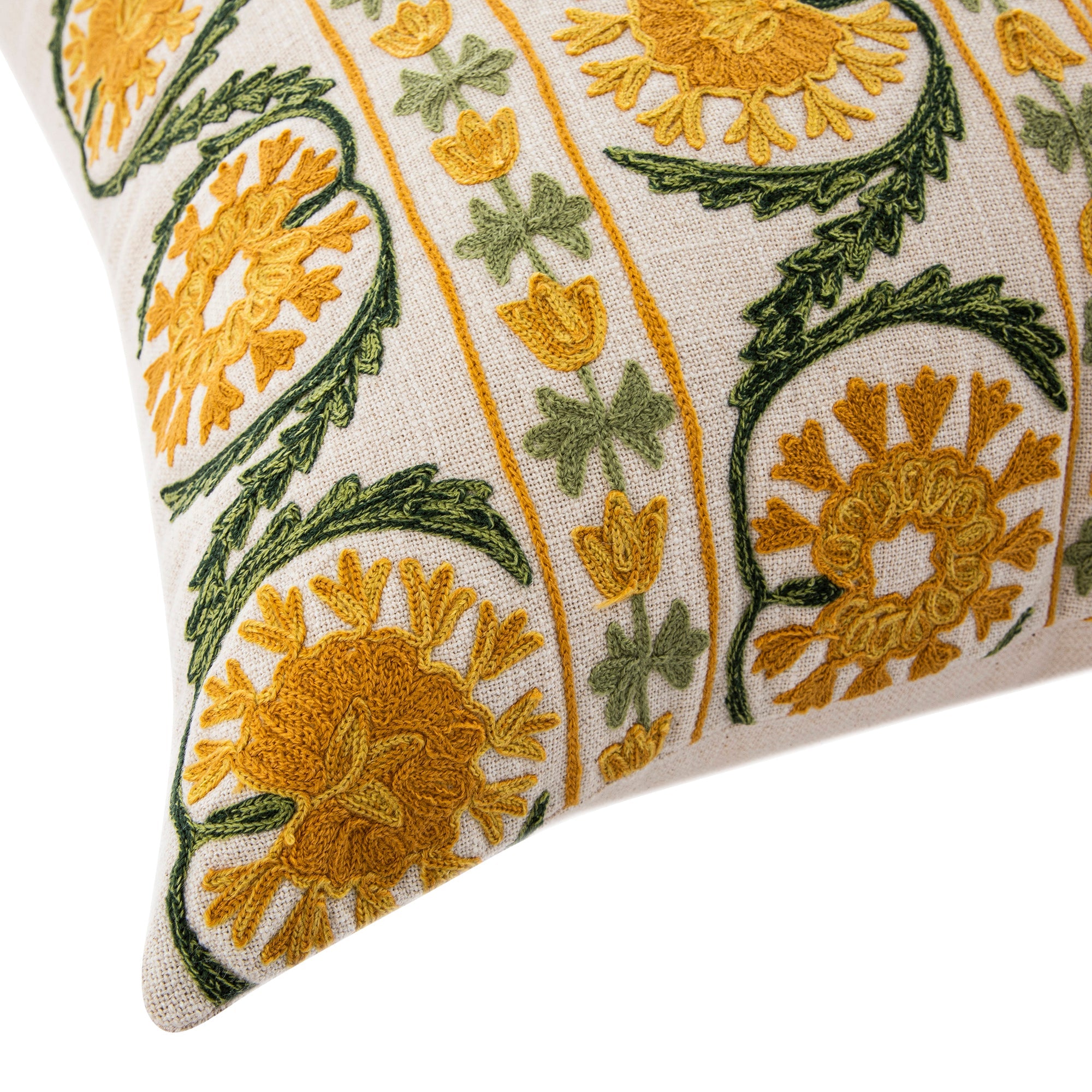 Indra Suzani Sundance Yellow Crewelwork Wool Embroidered Cushion